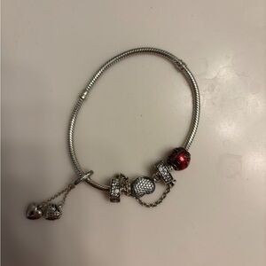 Pandora Silver Charm Bracelet with happy birthday and heart Charms 3 charms